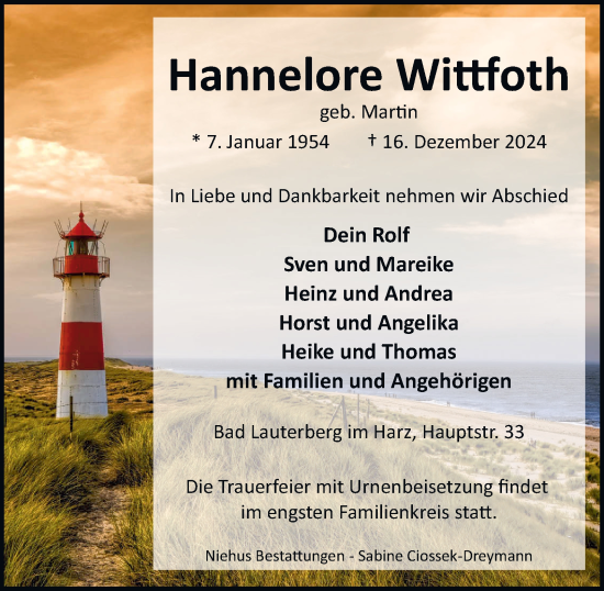 Traueranzeige von Hannelore Wittfoth von Harz Kurier