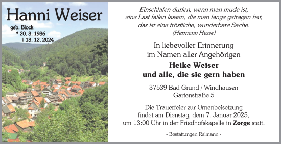 Traueranzeige von Hanni Weiser von Harz Kurier