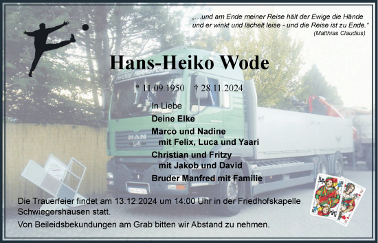 Traueranzeige von Hans-Heiko Wode von Harz Kurier