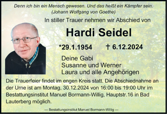 Traueranzeige von Hardi Seidel von Harz Kurier