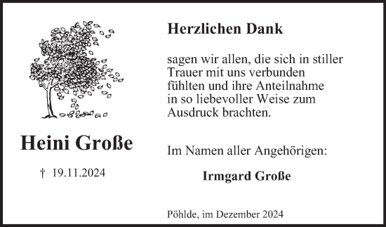 Traueranzeige von Heini Große von Harz Kurier