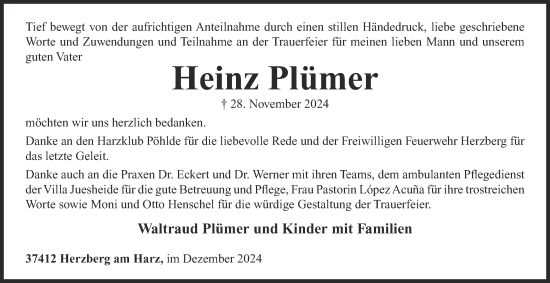 Traueranzeige von Heinz Plümer von Harz Kurier