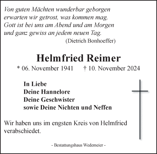 Traueranzeige von Helmfried Reimer von Harz Kurier