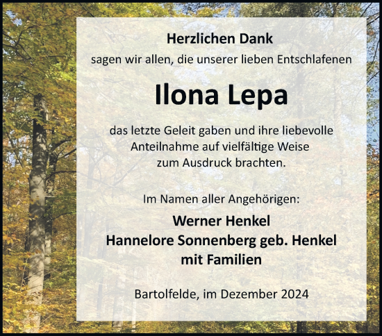Traueranzeige von Ilona Lepa von Harz Kurier