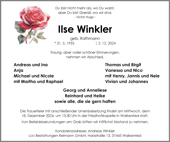 Traueranzeige von Ilse Winkler von Harz Kurier