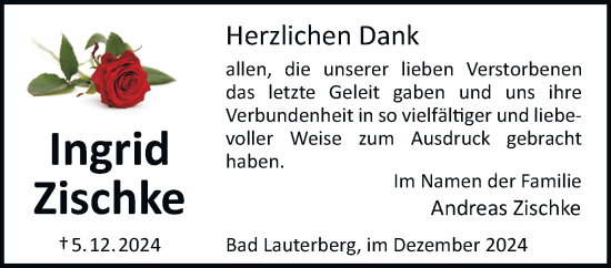 Traueranzeige von Ingrid Zischke von Harz Kurier