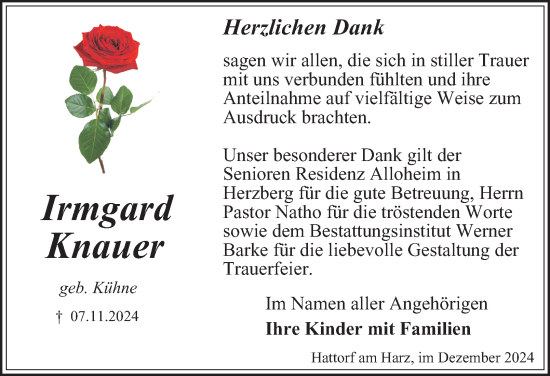 Traueranzeige von Irmgard Knauer von Harz Kurier