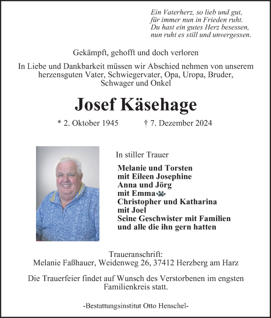 Traueranzeige von Josef Käsehage von Harz Kurier