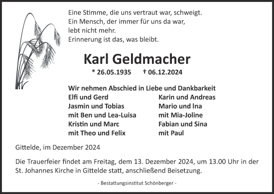 Traueranzeige von Karl Geldmacher von Harz Kurier