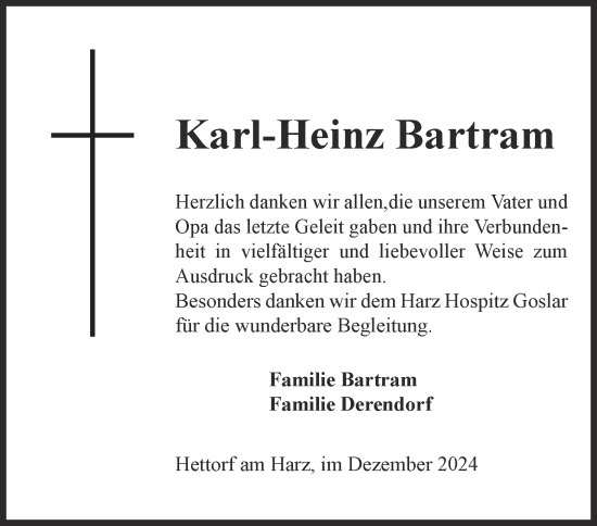 Traueranzeige von Karl-Heinz Bartram von Harz Kurier
