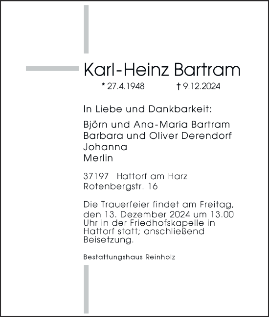 Traueranzeige von Karl-Heinz Bartram von Harz Kurier