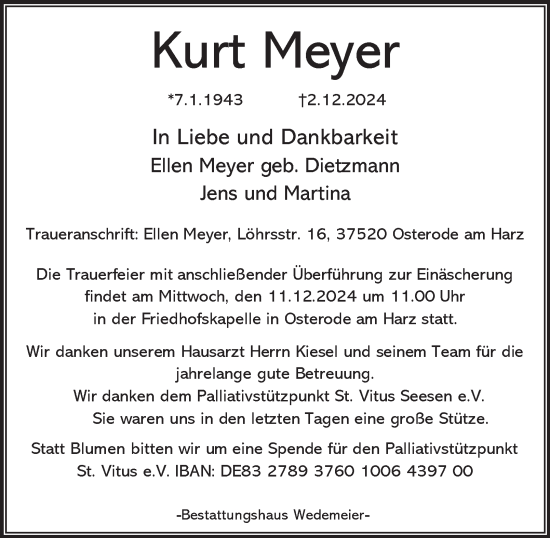 Traueranzeige von Kurt Meyer von Harz Kurier