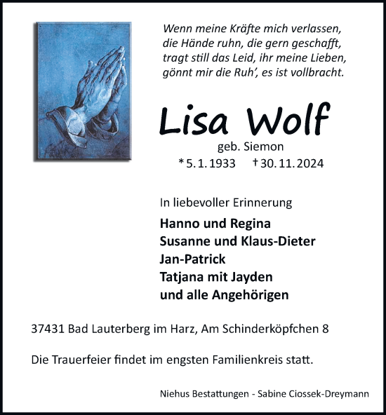 Traueranzeige von Lisa Wolf von Harz Kurier