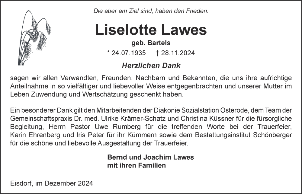  Traueranzeige für Liselotte Lawes vom 21.12.2024 aus Harz Kurier