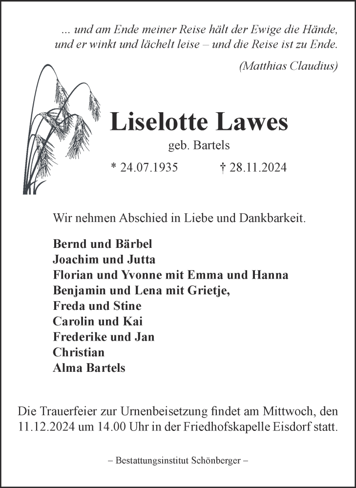  Traueranzeige für Liselotte Lawes vom 07.12.2024 aus Harz Kurier