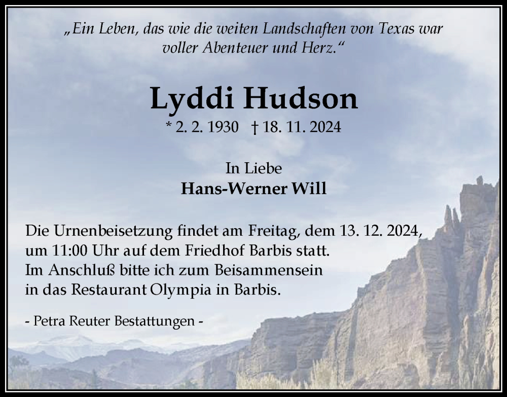  Traueranzeige für Lyddi Hudson vom 07.12.2024 aus Harz Kurier
