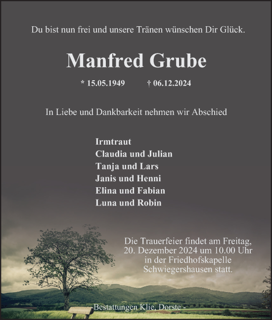 Traueranzeige von Manfred Grube von Harz Kurier
