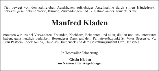 Traueranzeige von Manfred Kladen von Harz Kurier