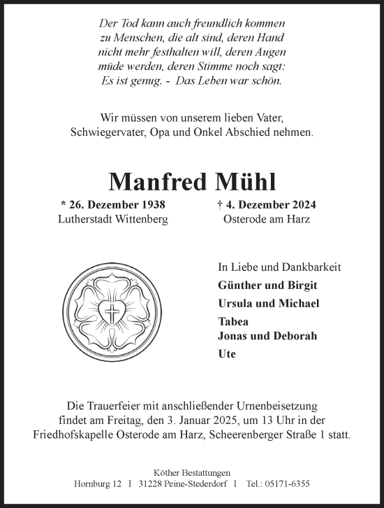 Traueranzeige von Manfred Mühl von Harz Kurier