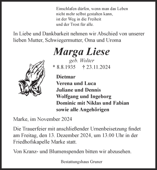Traueranzeige von Marga Liese von Harz Kurier