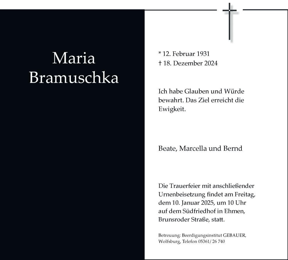  Traueranzeige für Maria Bramuschka vom 28.12.2024 aus Harz Kurier