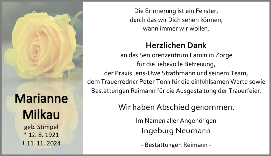 Traueranzeige von Marianne Milkau von Harz Kurier