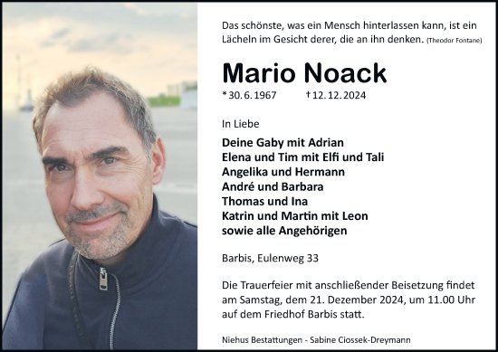Traueranzeige von Mario Noack von Harz Kurier