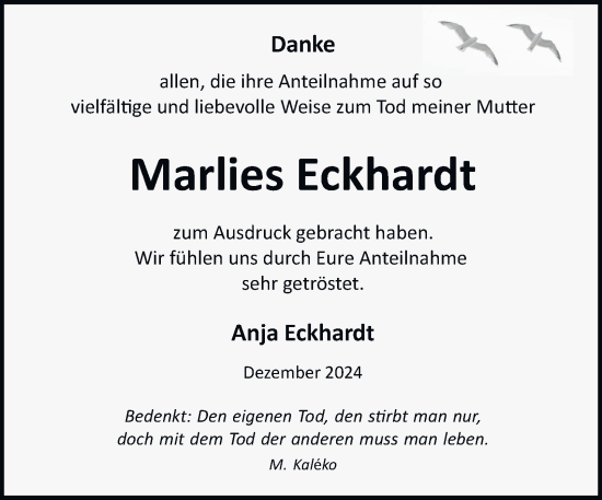 Traueranzeige von Marlies Eckhardt von Harz Kurier