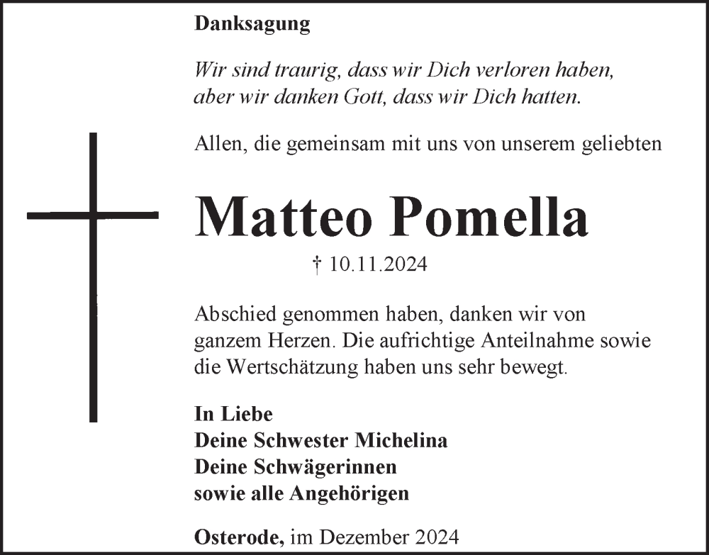  Traueranzeige für Matteo Pomella vom 14.12.2024 aus Harz Kurier
