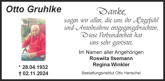 Traueranzeige von Otto Gruhlke von Harz Kurier
