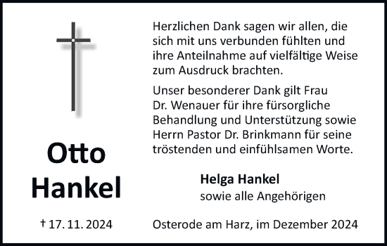 Traueranzeige von Otto Hankel von Harz Kurier