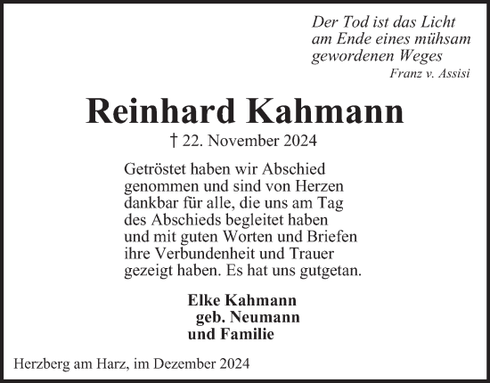 Traueranzeige von Reinhard Kahmann von Harz Kurier