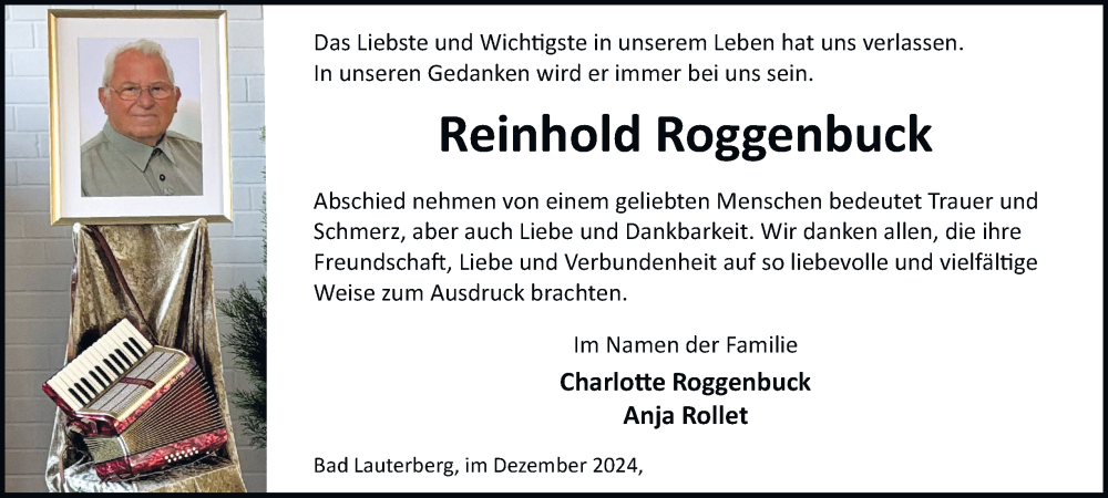  Traueranzeige für Reinhold Roggenbuck vom 14.12.2024 aus Harz Kurier
