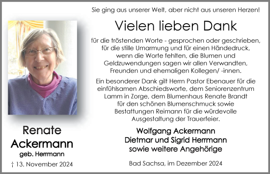 Traueranzeige von Renate Ackermann von Harz Kurier
