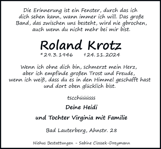 Traueranzeige von Roland Krotz von Harz Kurier