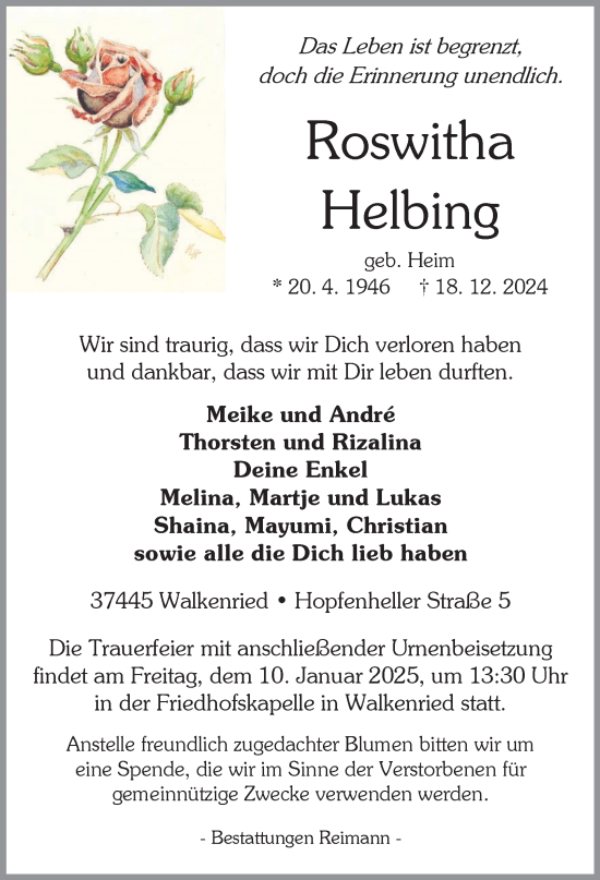 Traueranzeige von Roswitha Helbing von Harz Kurier