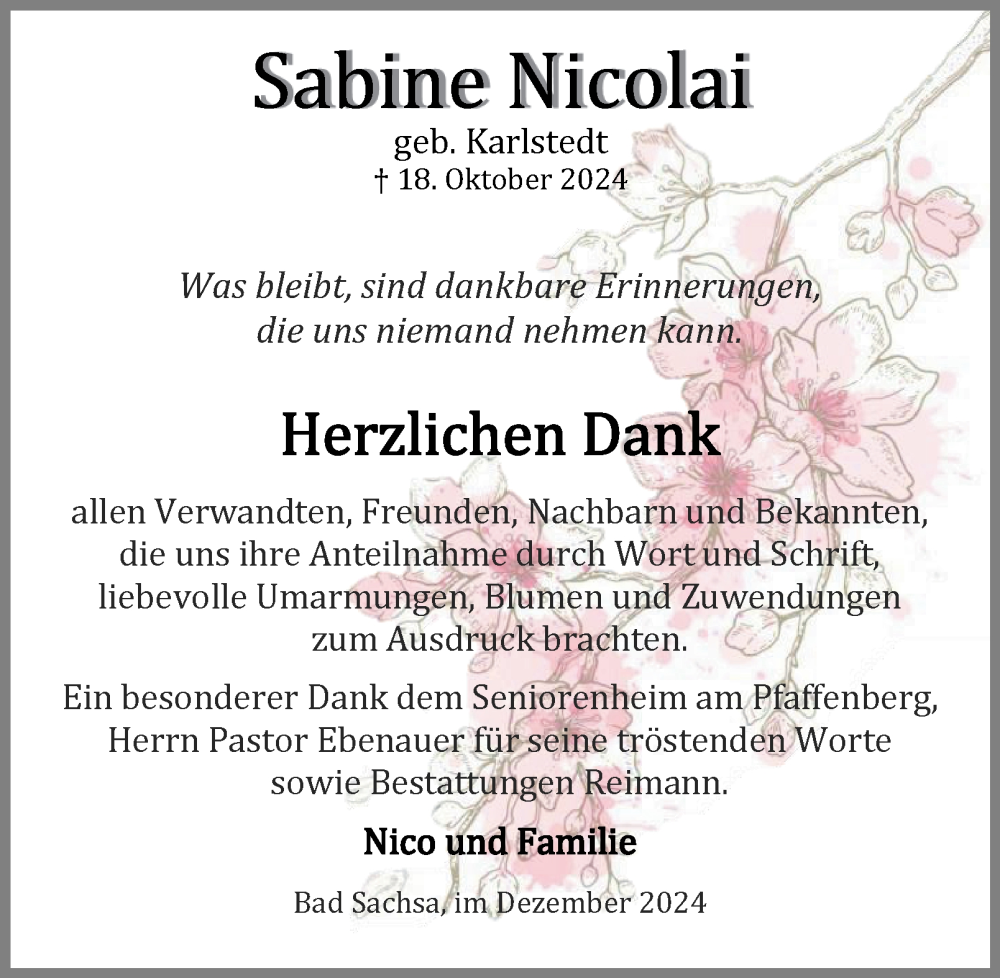  Traueranzeige für Sabine Nicolai vom 07.12.2024 aus Harz Kurier
