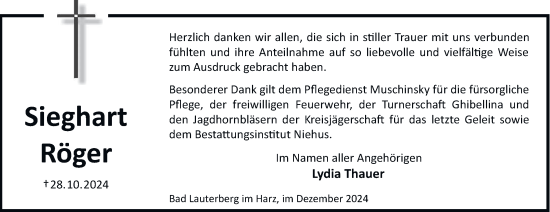 Traueranzeige von Sieghart Röger von Harz Kurier