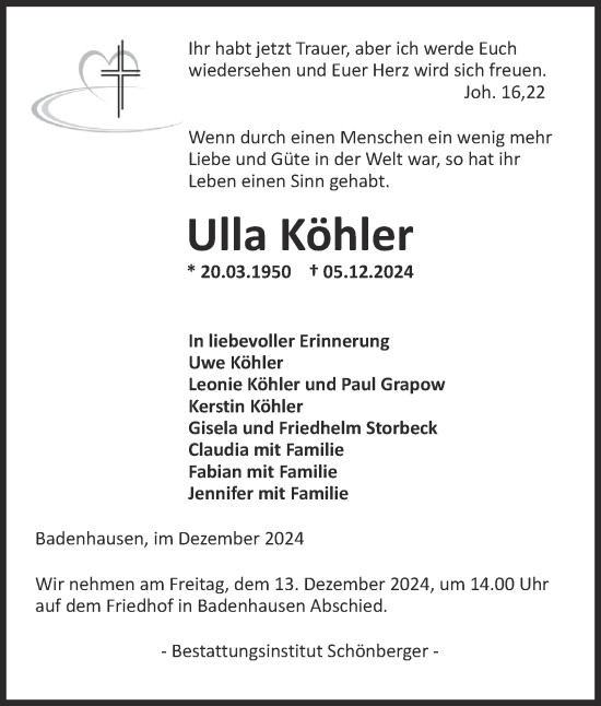 Traueranzeige von Ulla Köhler von Harz Kurier