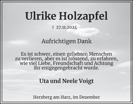 Traueranzeige von Ulrike Holzapfel von Harz Kurier