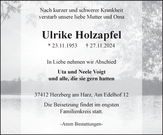 Traueranzeige von Ulrike Holzapfel von Harz Kurier