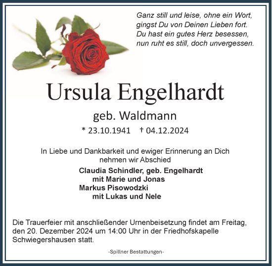 Traueranzeige von Ursula Engelhardt von Harz Kurier
