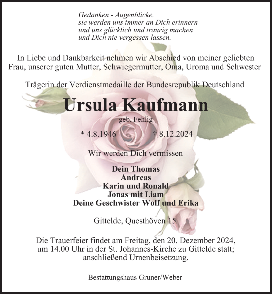  Traueranzeige für Ursula Kaufmann vom 14.12.2024 aus Harz Kurier