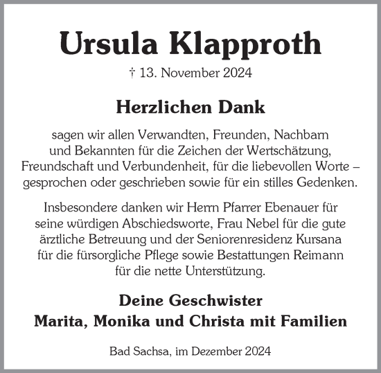 Traueranzeige von Ursula Klapproth von Harz Kurier