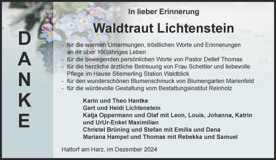 Traueranzeige von Waldtraut Lichtenstein von Harz Kurier