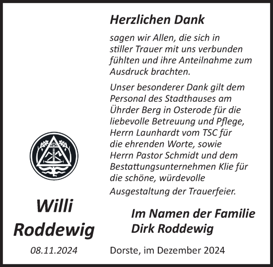 Traueranzeige von Willi Roddewig von Harz Kurier