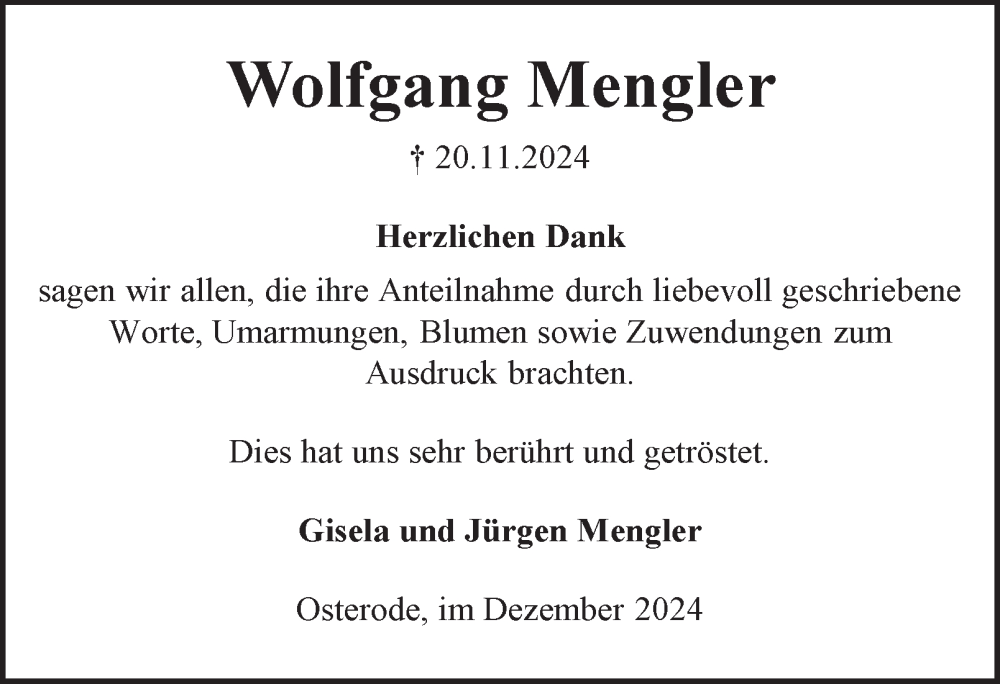  Traueranzeige für Wolfgang Mengler vom 21.12.2024 aus Harz Kurier