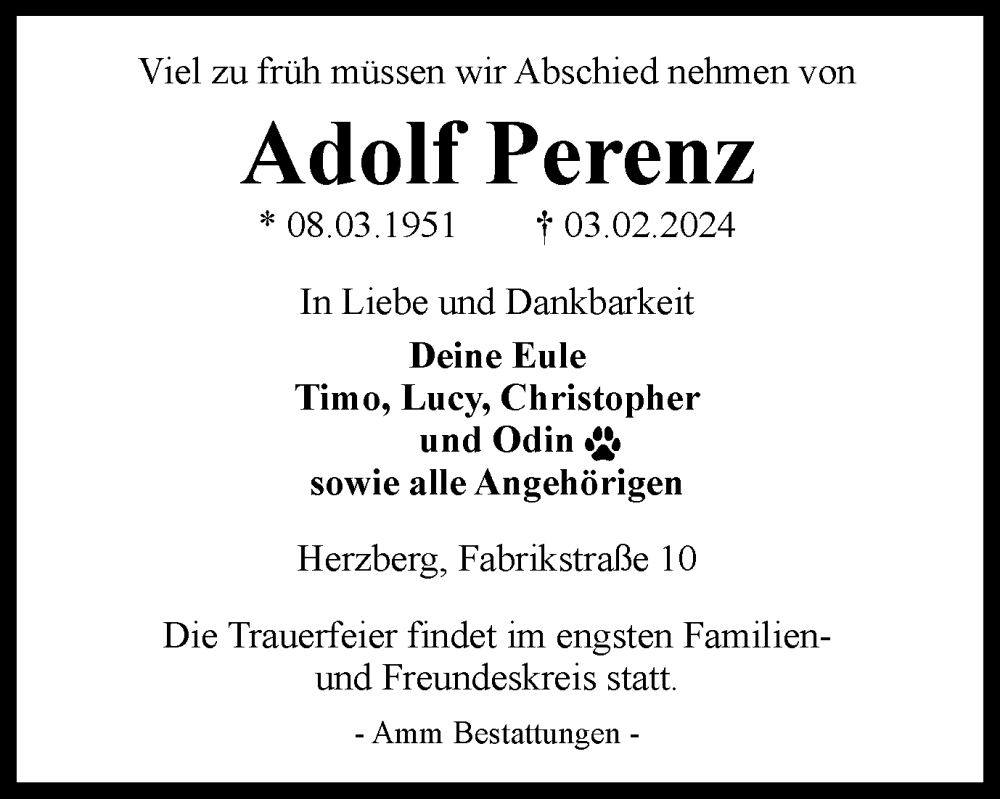  Traueranzeige für Adolf Perenz vom 10.02.2024 aus Harz Kurier