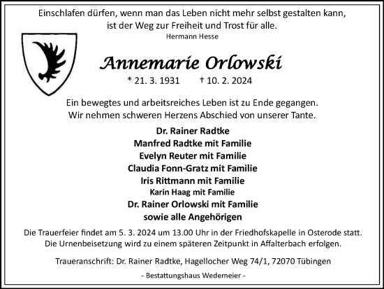 Traueranzeige von Annemarie Orlowski von Harz Kurier