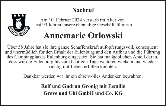 Traueranzeige von Annemarie Orlowski von Harz Kurier